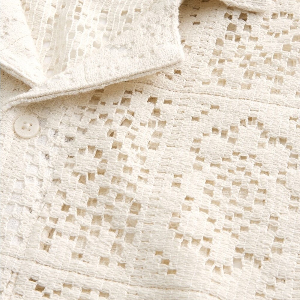 Hollister Ivory Lace Shirt Crochet Button Down Men’s M Coastal Amalfi Resortwear - Picture 7 of 10